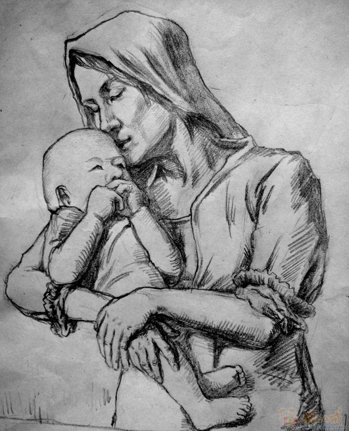 一幅母亲抱着婴儿的黑白插画 猕猴桃姐姐 投标-猪八戒网