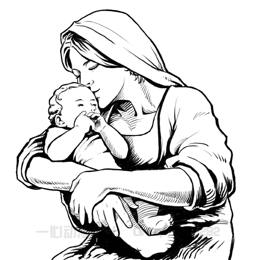 一幅母亲抱着婴儿的黑白插画