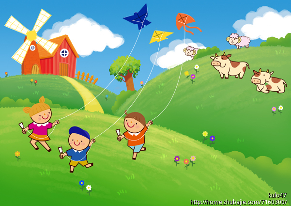 山坡上三个孩子在放风筝; 关于放风筝的儿童画; 春天孩子放风筝图片