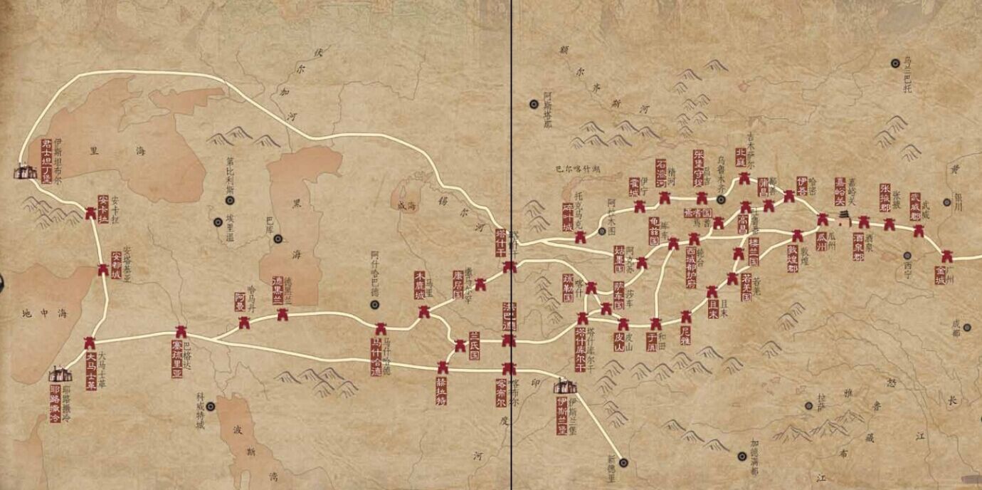 地图涵盖丝绸之路(中国,中亚和欧洲)等,手绘出地形,山川,河流,路线