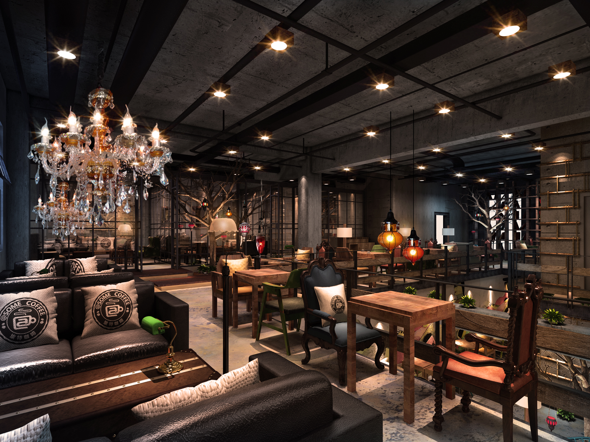 1 复古工业风loft风格漫咖啡厅设计 餐厅娱乐商铺店面设计