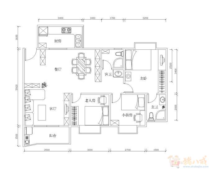 17299442號交稿-任務:￥100 ,3 1房根據我ps佈局圖畫出autocad平面圖