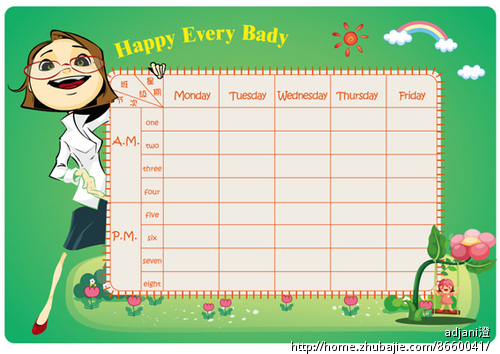需要设计一张英语的周日表挂图