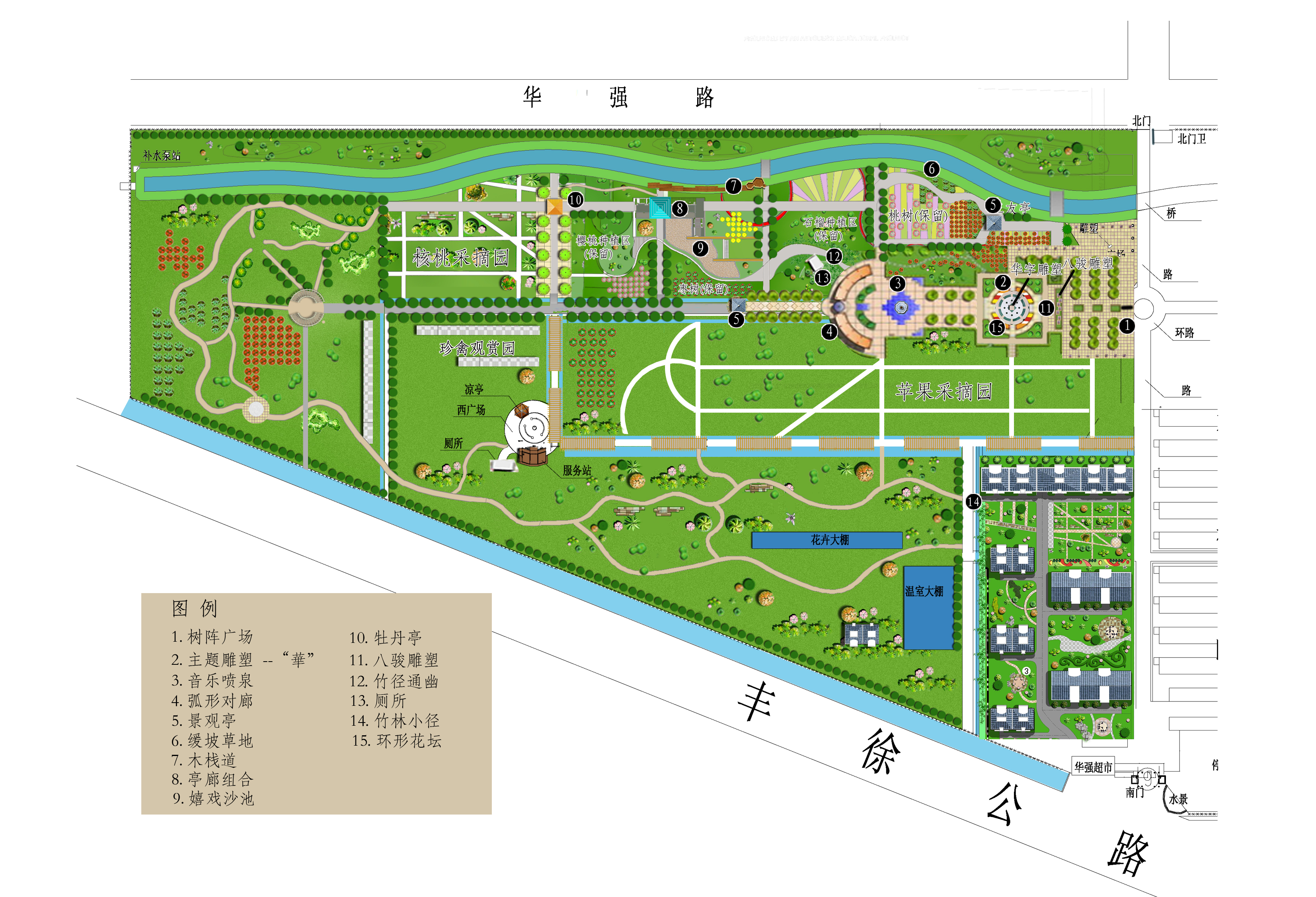 根据提供的ps平彩图,画一张园林景观鸟瞰图