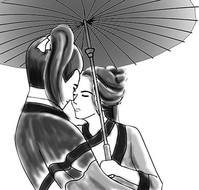 五幅漫画描绘两古人的爱情故事.场景意境:相遇相知相恋相守.